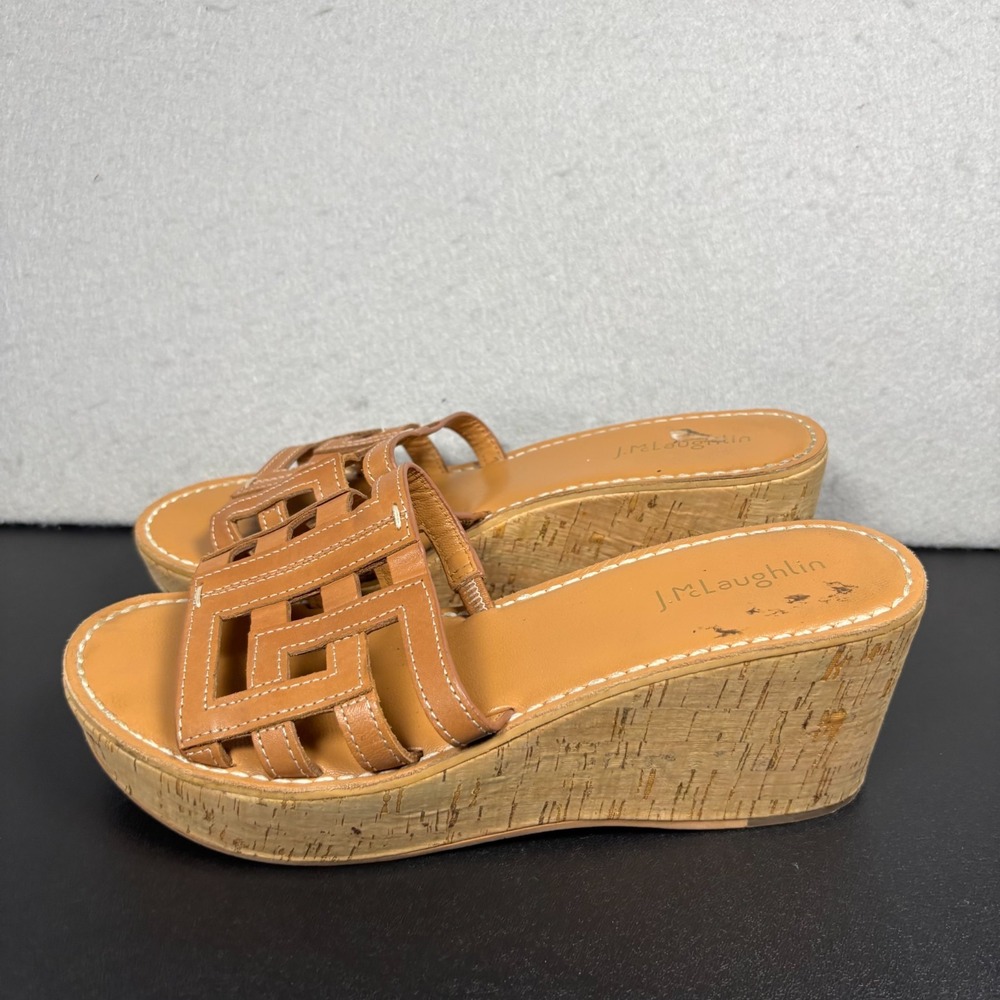 J.McLaughlin Womens Woven Lattice Leather Cork Wedge Sandals Tan Size 7.5M